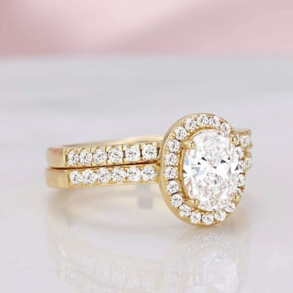 18K Yellow Gold .925 Sterling Silver and Diamond Cubic Zirconia Wedding Band Set - Picture 3 of 7